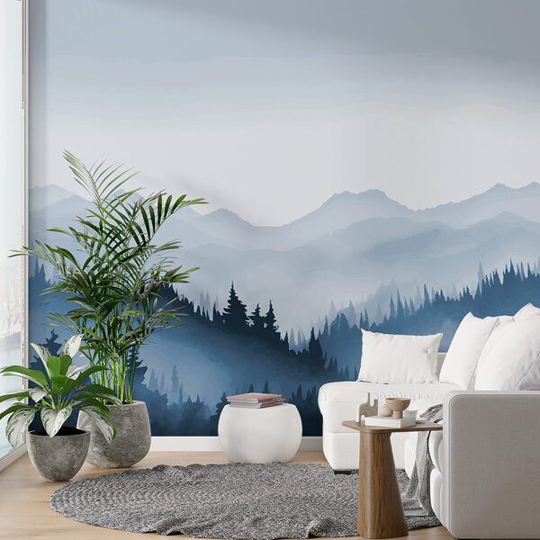Foggy mountain landscape with trees and mountains Foggy mountain landscape with trees and mountains