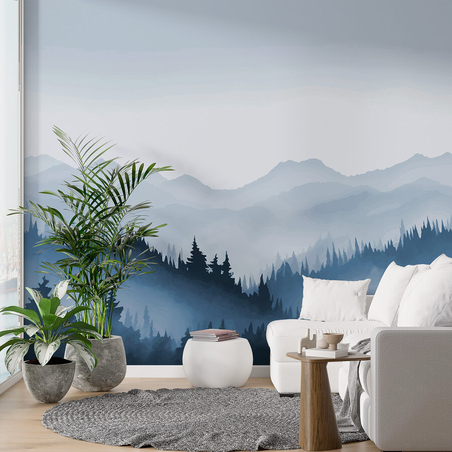 Foggy mountain landscape with trees and mountains
