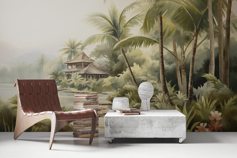 Watercolor painting of a house and palm trees