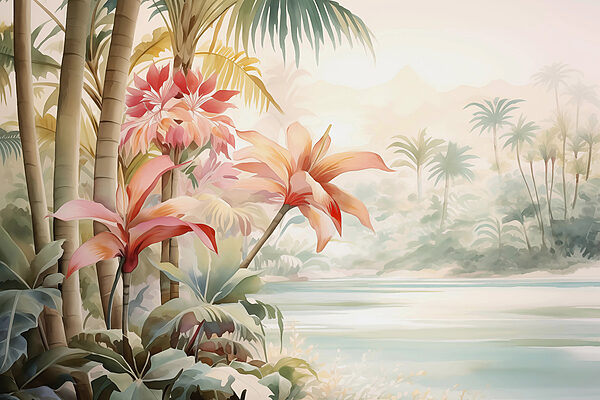 Painting of flowers and palm trees Painting of flowers and palm trees