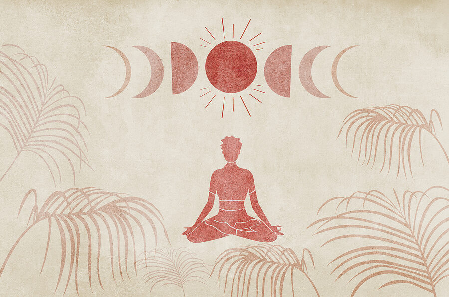 Person sitting in a lotus position with a sun and palm trees Person sitting in a lotus position with a sun and palm trees
