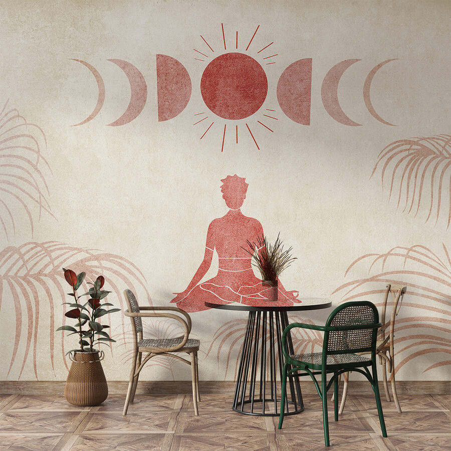 Person sitting in a lotus position with a sun and palm trees Person sitting in a lotus position with a sun and palm trees