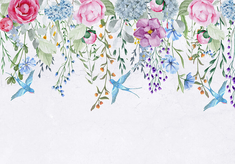 Floral border with flowers and birds