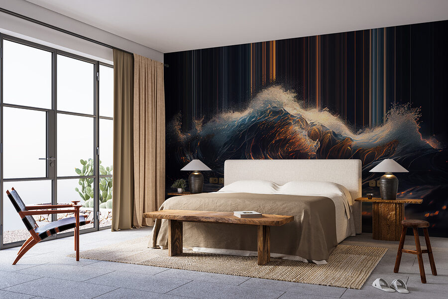 Wall murals Wave with orange and white light coming out of it