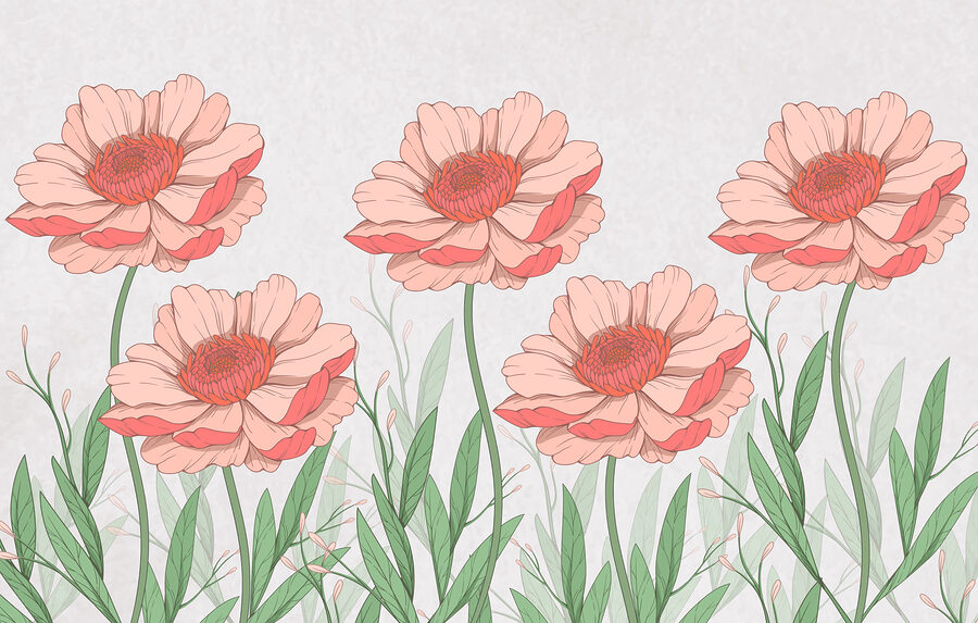 Group of pink flowers with green leaves