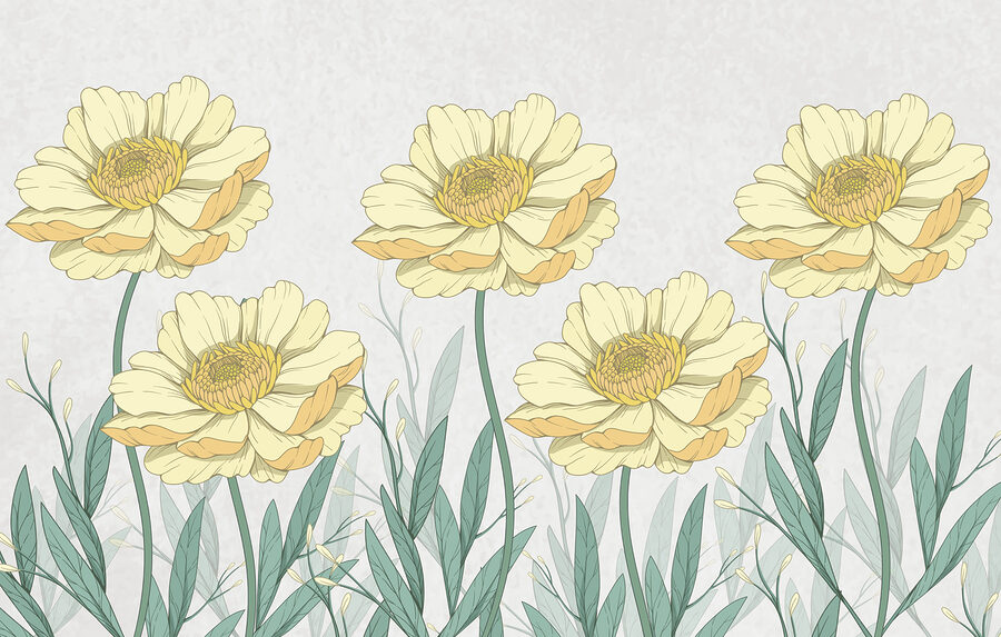 Group of yellow flowers with green leaves