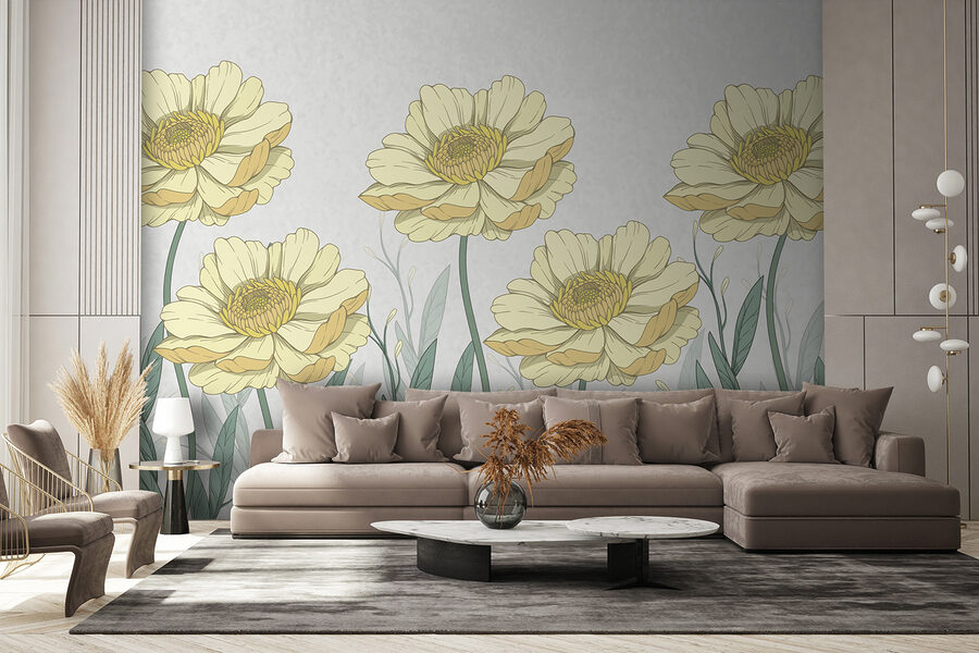 Group of yellow flowers with green leaves