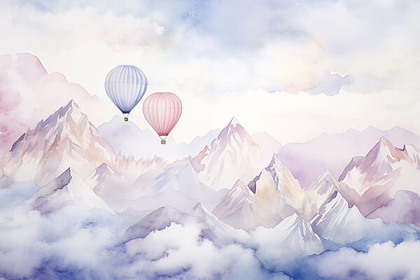 Group of hot air balloons in the sky over mountains Group of hot air balloons in the sky over mountains