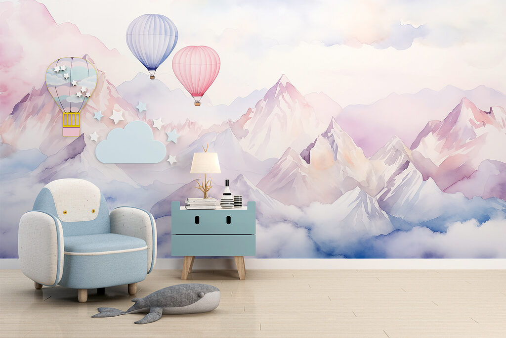 Group of hot air balloons in the sky over mountains Group of hot air balloons in the sky over mountains