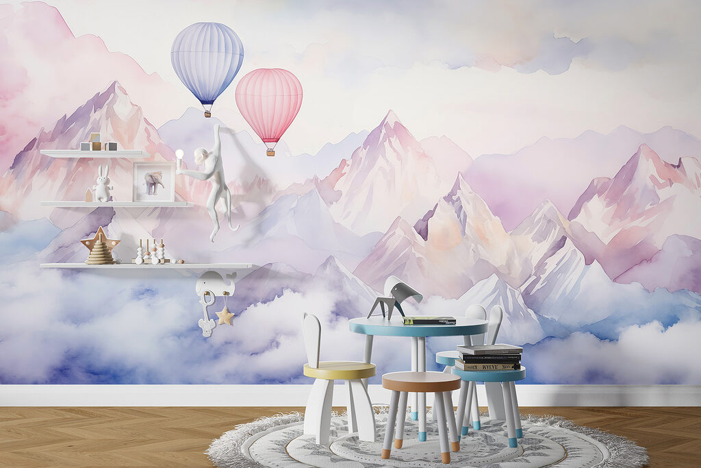 Group of hot air balloons in the sky over mountains Group of hot air balloons in the sky over mountains