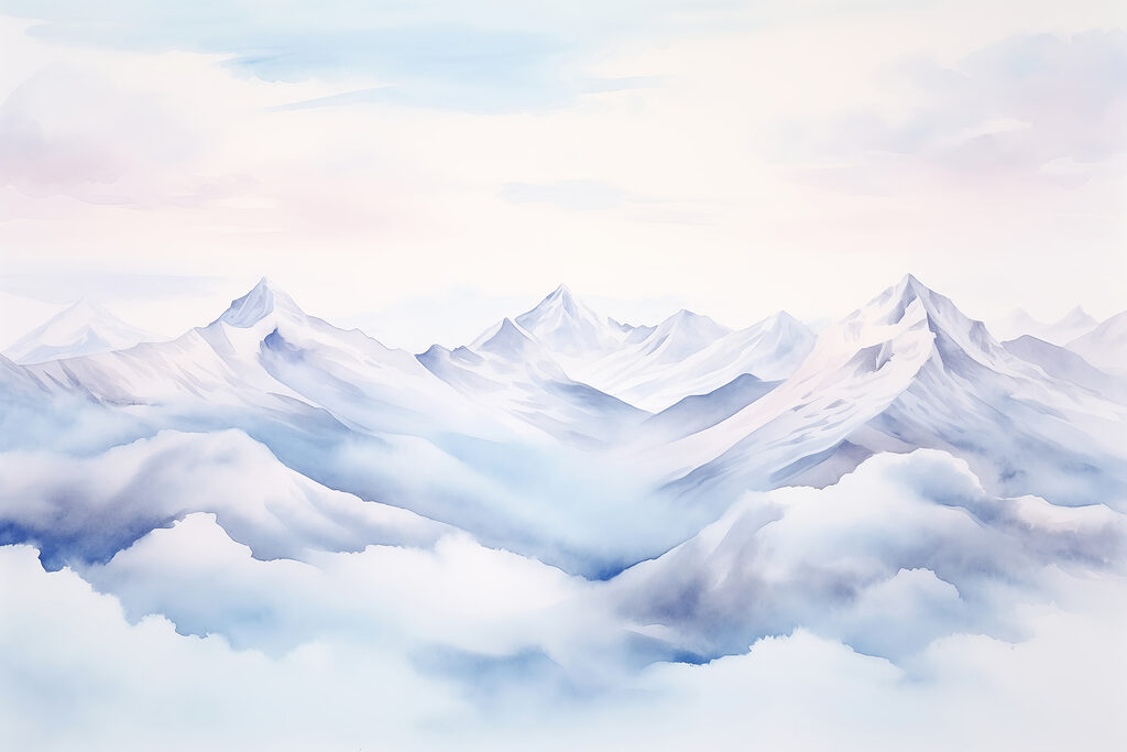 Watercolor painting of mountains and clouds