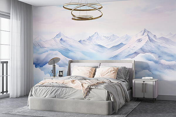 Watercolor painting of mountains and clouds