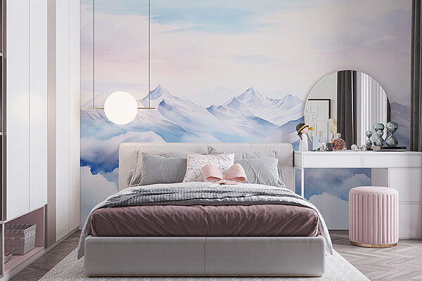 Watercolor painting of mountains and clouds