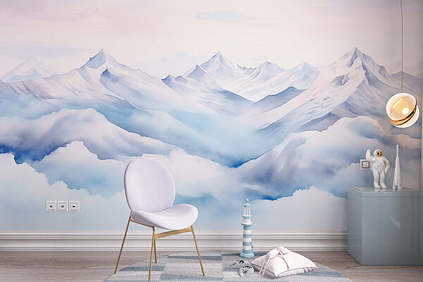 Watercolor painting of mountains and clouds