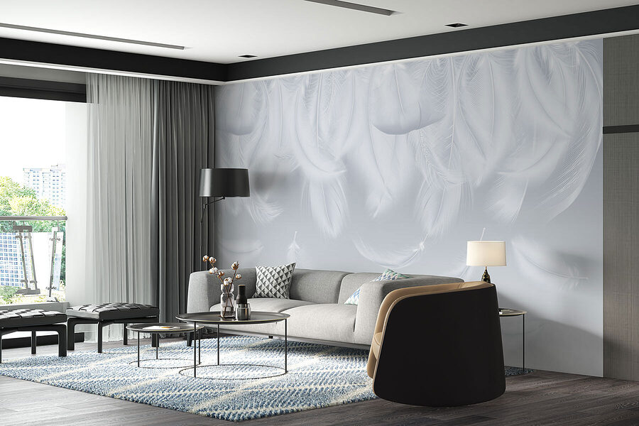 Wall murals White feathers falling down