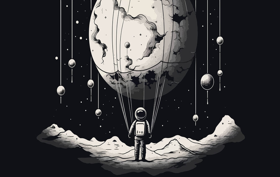 Astronaut in space with a balloon in the sky