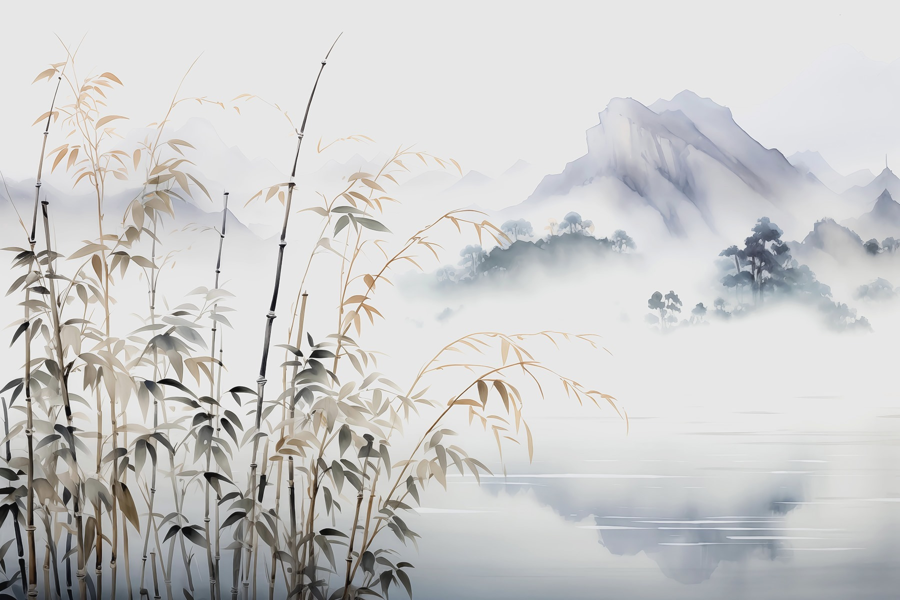 Painting of a landscape with a lake and mountains Painting of a landscape with a lake and mountains