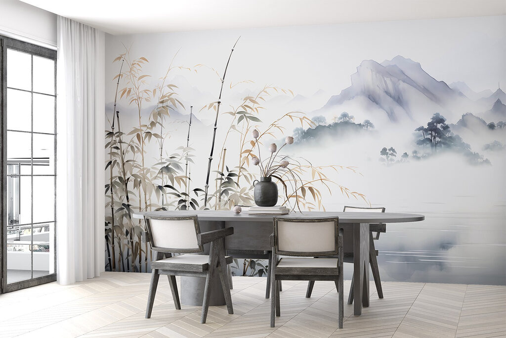 Painting of a landscape with a lake and mountains Painting of a landscape with a lake and mountains