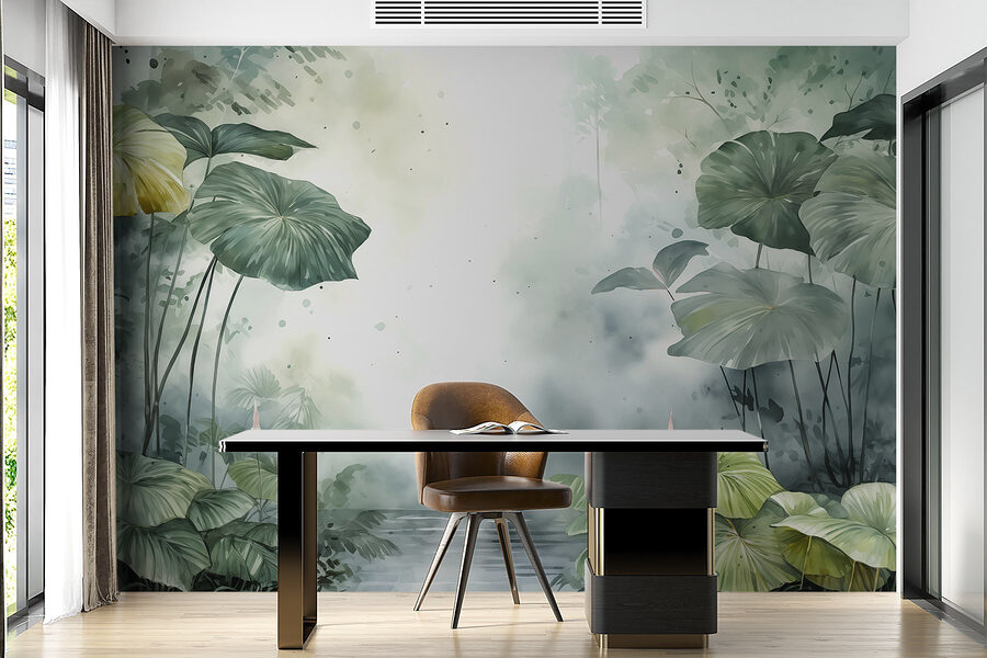 Painting of a pond with plants and water Painting of a pond with plants and water