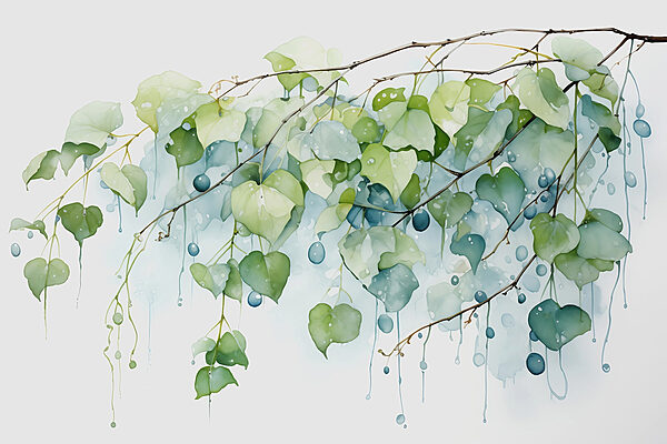 Watercolor painting of a branch with leaves and blue berries Watercolor painting of a branch with leaves and blue berries