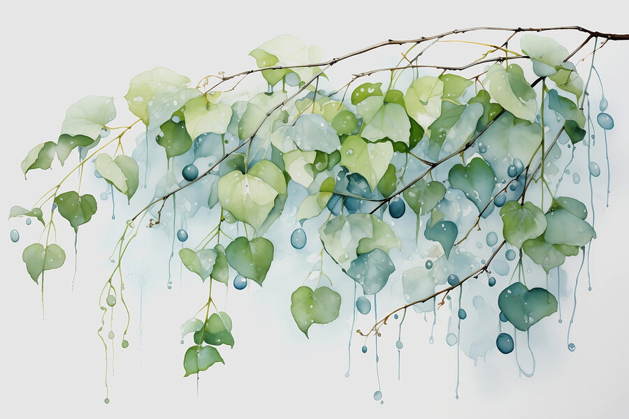 Wall murals Watercolor painting of a branch with leaves and blue berries - Image 3