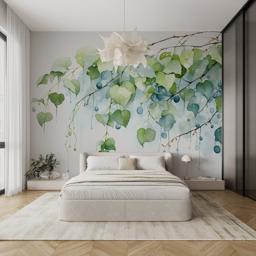 Wall murals Watercolor painting of a branch with leaves and blue berries