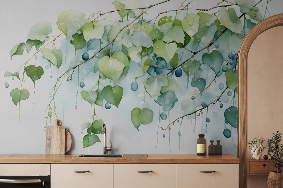 Wall murals Watercolor painting of a branch with leaves and blue berries - Image 2