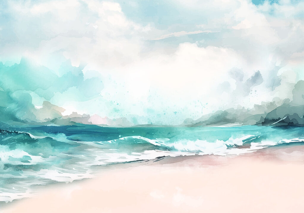 Watercolor of a beach with waves and clouds Watercolor of a beach with waves and clouds