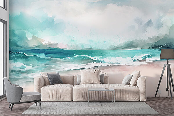 Watercolor of a beach with waves and clouds Watercolor of a beach with waves and clouds