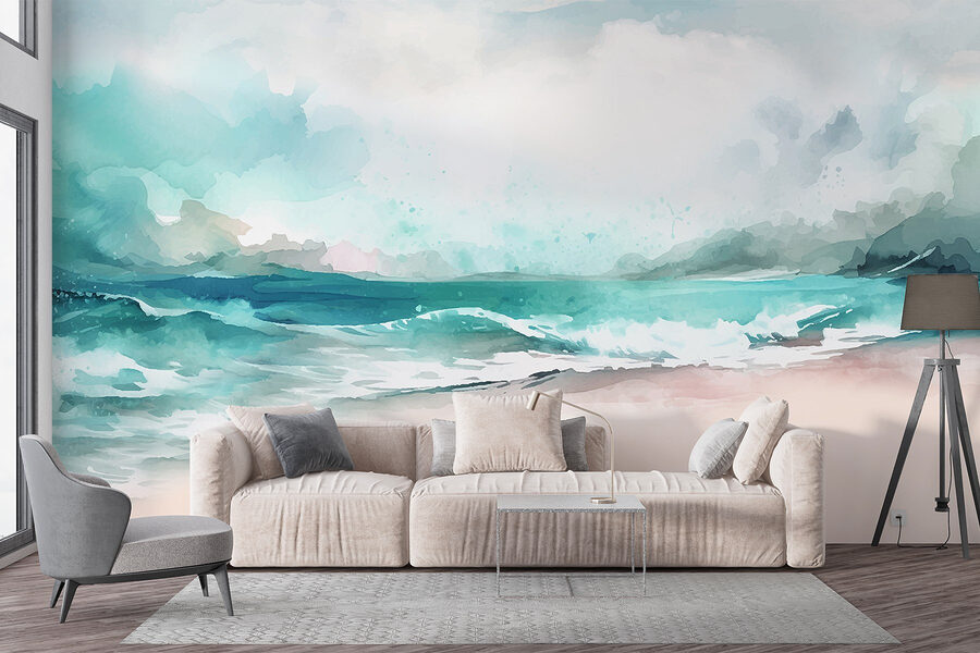 Watercolor of a beach with waves and clouds Watercolor of a beach with waves and clouds