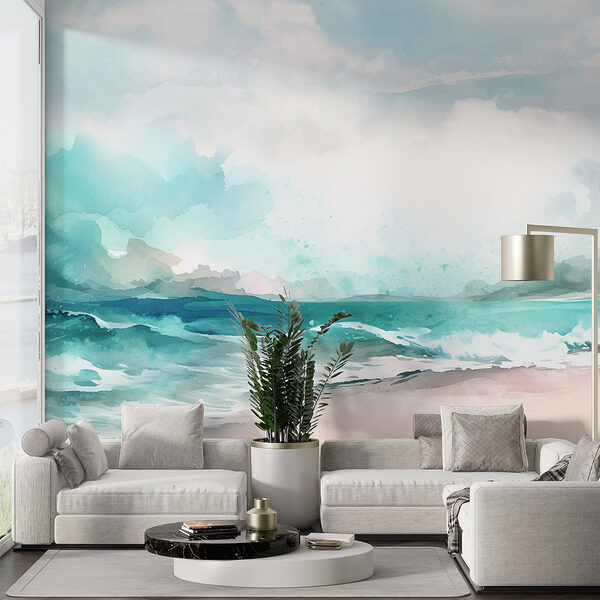 Watercolor of a beach with waves and clouds Watercolor of a beach with waves and clouds
