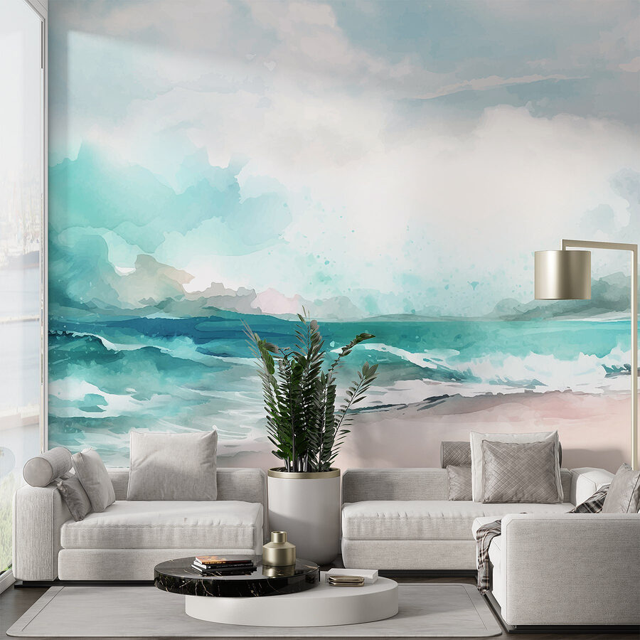 Watercolor of a beach with waves and clouds Watercolor of a beach with waves and clouds