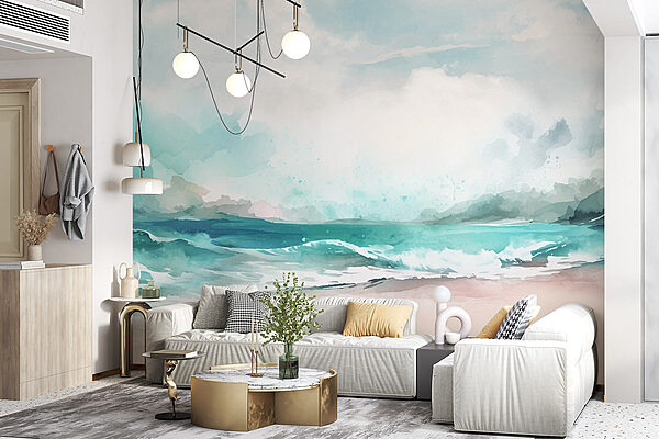 Watercolor of a beach with waves and clouds Watercolor of a beach with waves and clouds