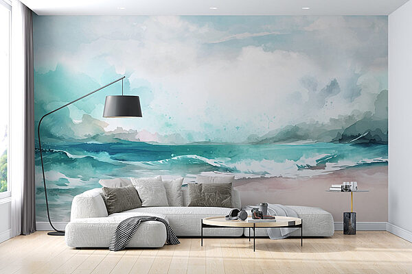 Watercolor of a beach with waves and clouds Watercolor of a beach with waves and clouds