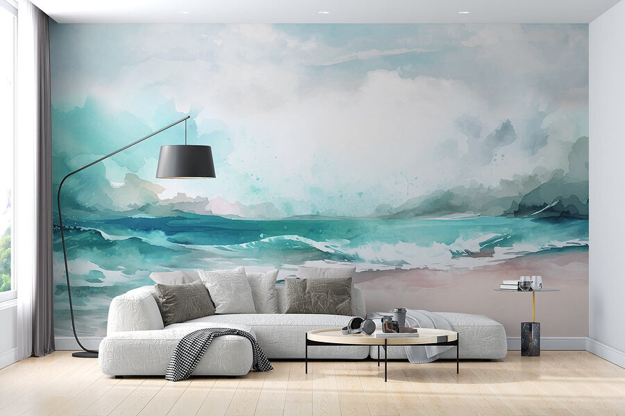 Watercolor of a beach with waves and clouds Watercolor of a beach with waves and clouds