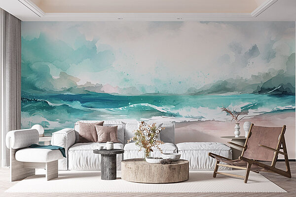 Watercolor of a beach with waves and clouds Watercolor of a beach with waves and clouds