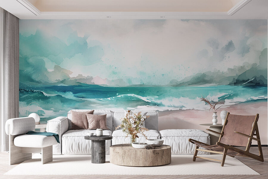 Watercolor of a beach with waves and clouds Watercolor of a beach with waves and clouds