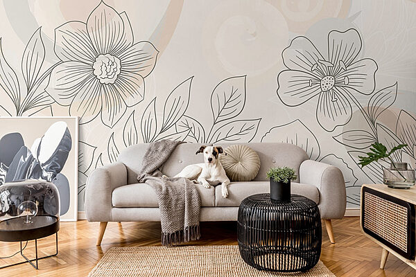 Wall murals Wall murals Drawing of flowers and leaves (SKU: w08367)