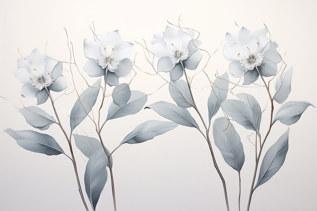 Group of white flowers with leaves Group of white flowers with leaves