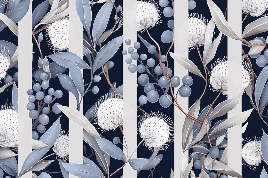 Wall murals Floral pattern with blue and white flowers and leaves - Image 5