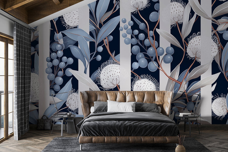 Wall murals Floral pattern with blue and white flowers and leaves - Image 2