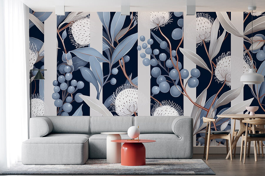 Wall murals Floral pattern with blue and white flowers and leaves - Image 3