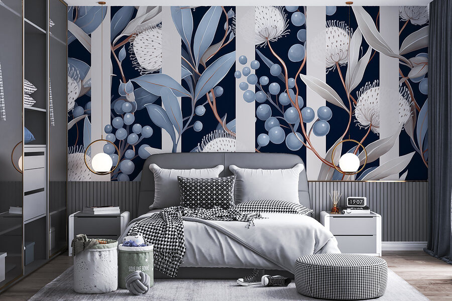 Wall murals Floral pattern with blue and white flowers and leaves - Image 4