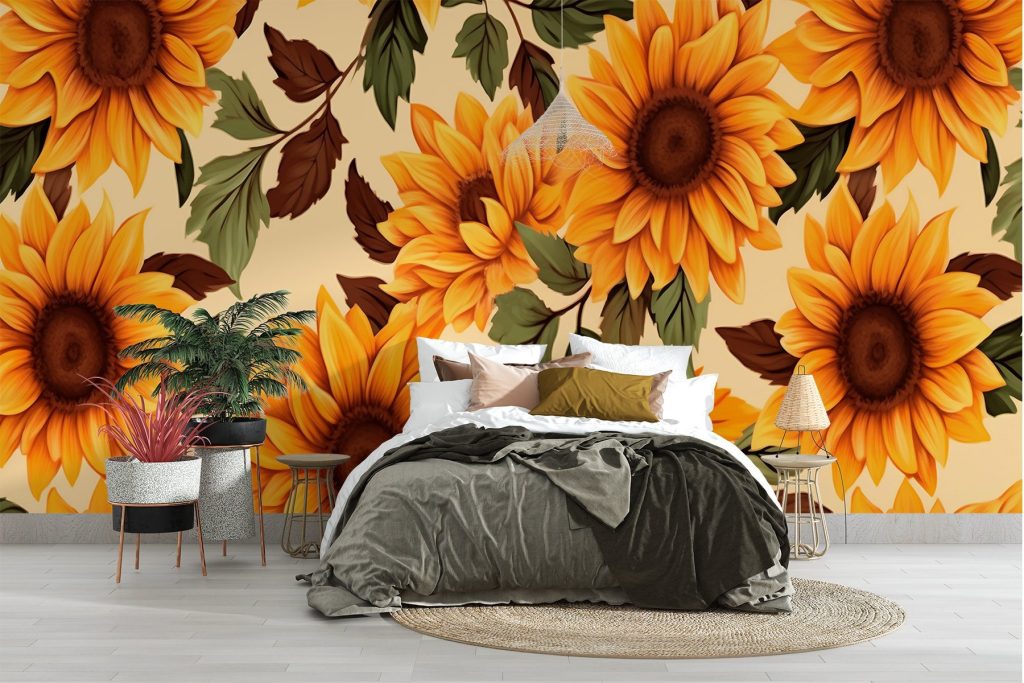 Pattern of sunflowers and leaves