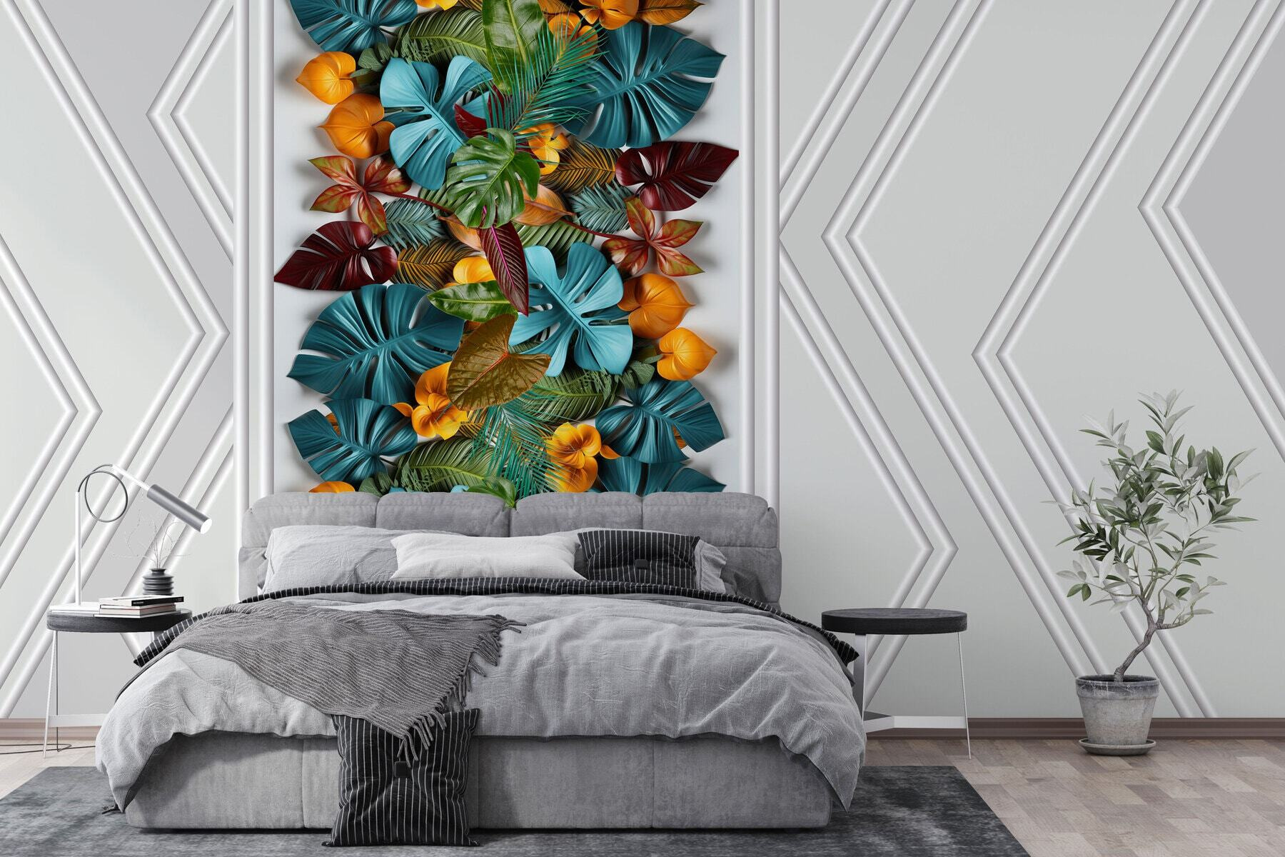 White door with colorful leaves White door with colorful leaves