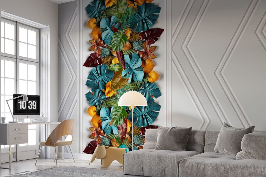 White door with colorful leaves White door with colorful leaves