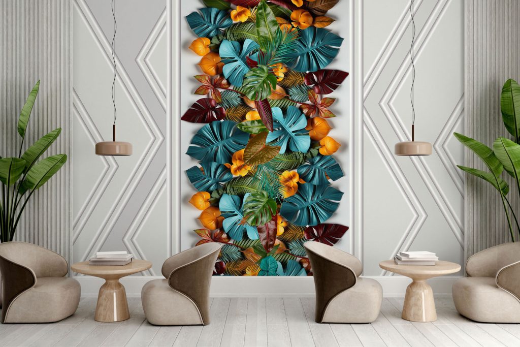 White door with colorful leaves White door with colorful leaves