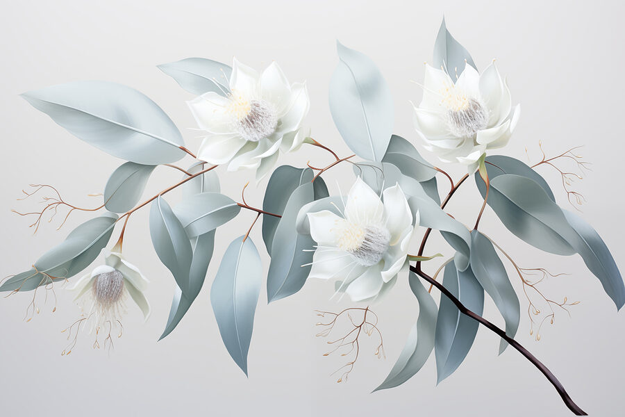 White flowers and leaves on a branch White flowers and leaves on a branch