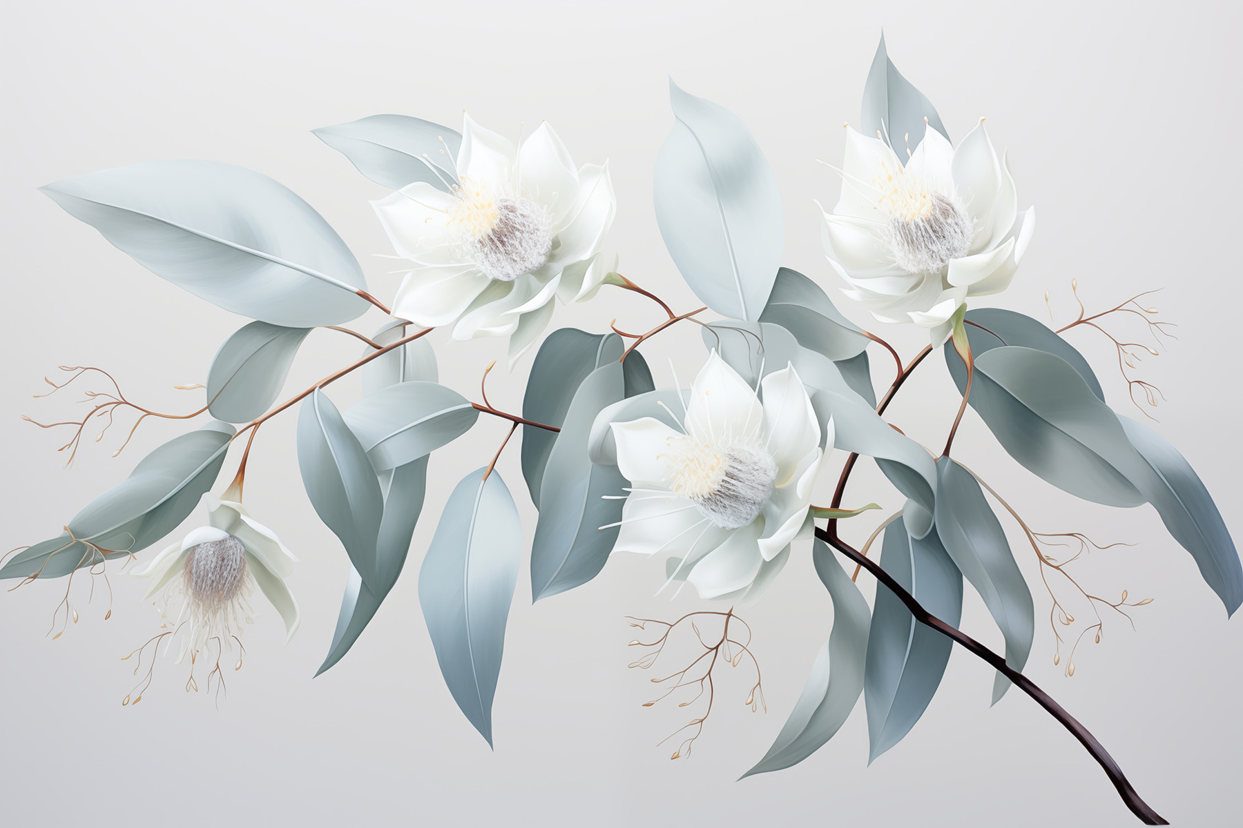 White flowers and leaves on a branch