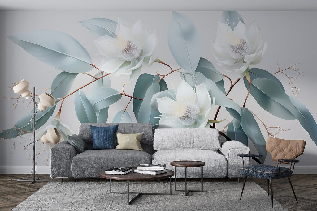 White flowers and leaves on a branch